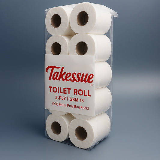 Takessue Toilet Roll – 2 Ply, GSM 15 (100 Rolls, Polly Bag Pack)