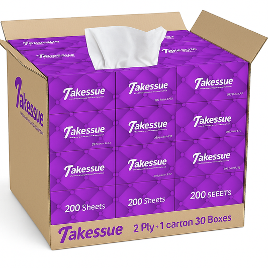Takessue Soft Facial Tissue – 200 Pulls, 2 Ply | 1 Carton (30 Premium Tissue Boxes)