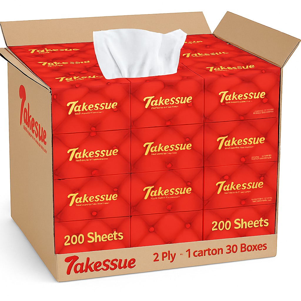 Takessue Soft Facial Tissue – 200 Pulls, 2 Ply | 1 Carton (30 Premium Tissue Boxes)